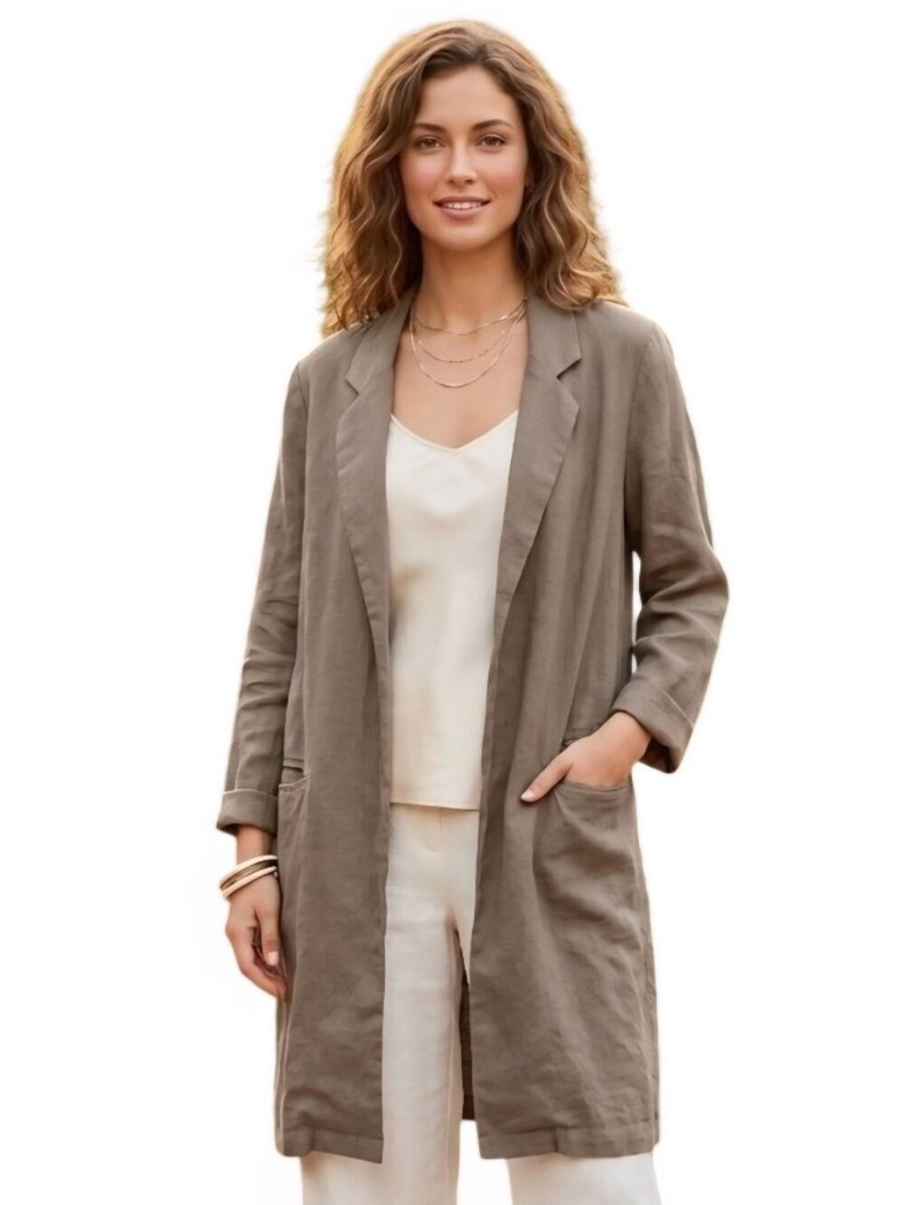 Sigrid Olsen 100% Linen Neutral Beige Lagonlook Open Front Blazer Jacket Size M